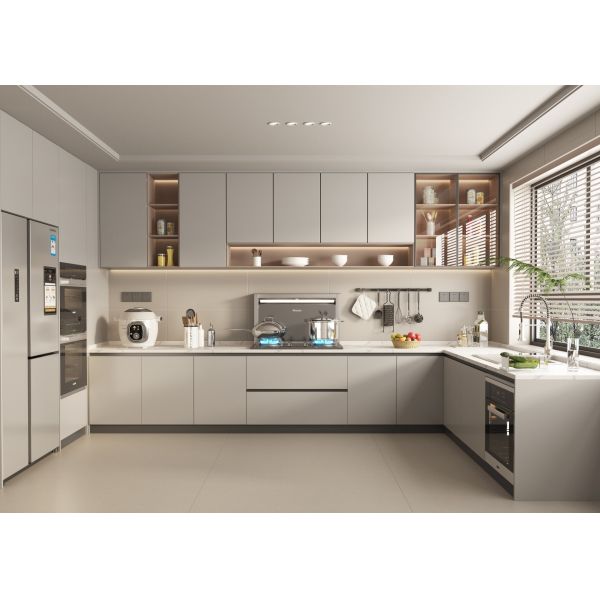 Minimalist Oak Wood Panel Kitchen Cabinet Set Water Resistant Eco-Friendly