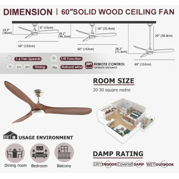 Ventilador de teto com controle remoto inteligente com 3 lâminas de madeira natural e material de corpo de lâmpada de metal