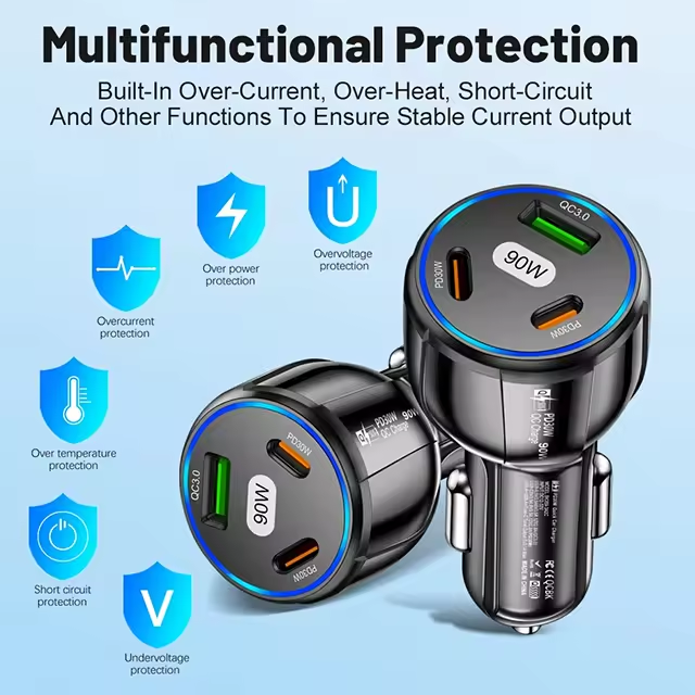 USB C 3 порта Автомобильный зарядное устройство для телефона адаптер QC 3.0 порта зарядное устройство для сигаретного зажигателя 100w