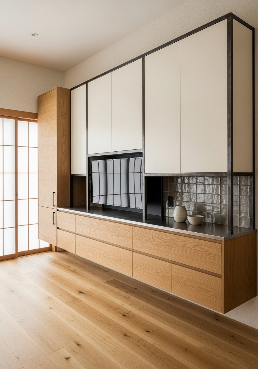 Japandi Oak Media Console with Shoji Screens in 304 Stainless Steel