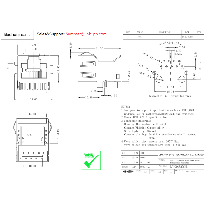 XRJH-01F-0-H32-070-EXM Single Port RJ45 Jack LPJG16520CNL Electrical Design