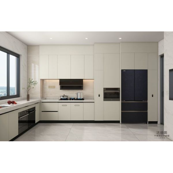 Off-White U-Shaped Stainless Steel Kitchen Cabinet with Island