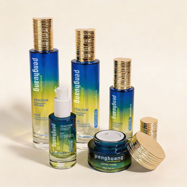 Custom Luxury Gradient Glass Bottle Set for Skincare and Beauty Packaging OEM ODM Cosmetic Glass Bottle Set with Jar