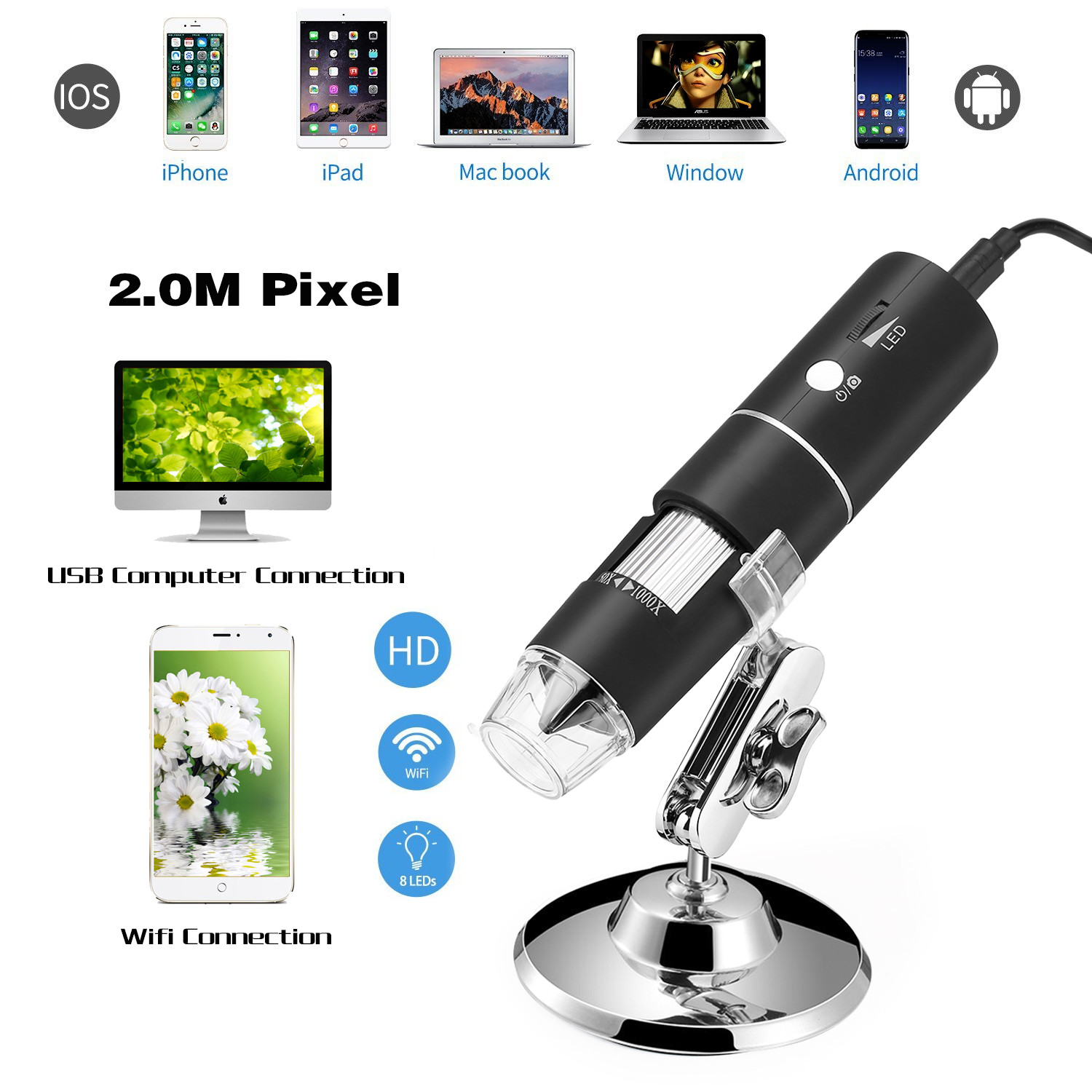 Monocular микроскопа 1080P HD 2MP 1000X USB Wifi оптически цифров СИД