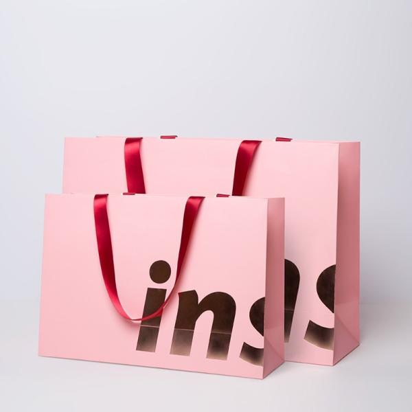 Pink Kraft Paper Bags 420gsm Thick with Satin Ribbon Handles