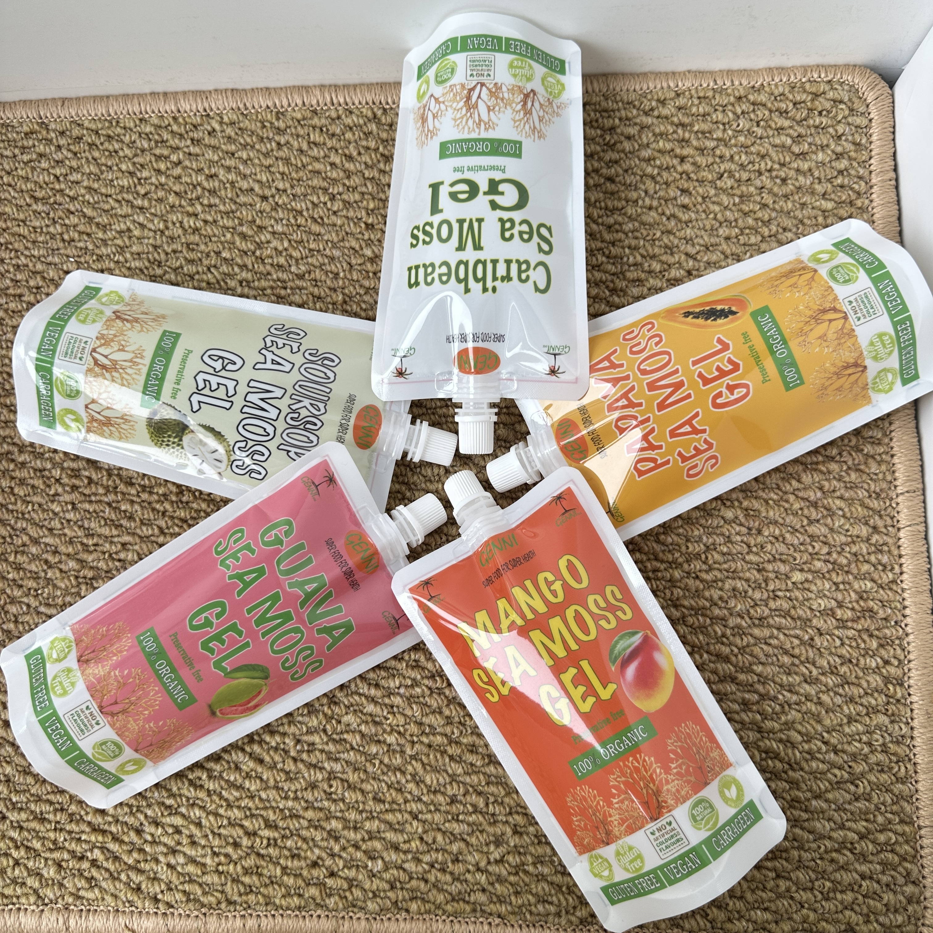 Custom Printed Stand Up Spout Pouch For Sea Moss Gel | Food Grade Leakproof Flexible Squeeze Pouch For Fruit Flavored Sea Moss Gel & Nutritional Gel Packaging
