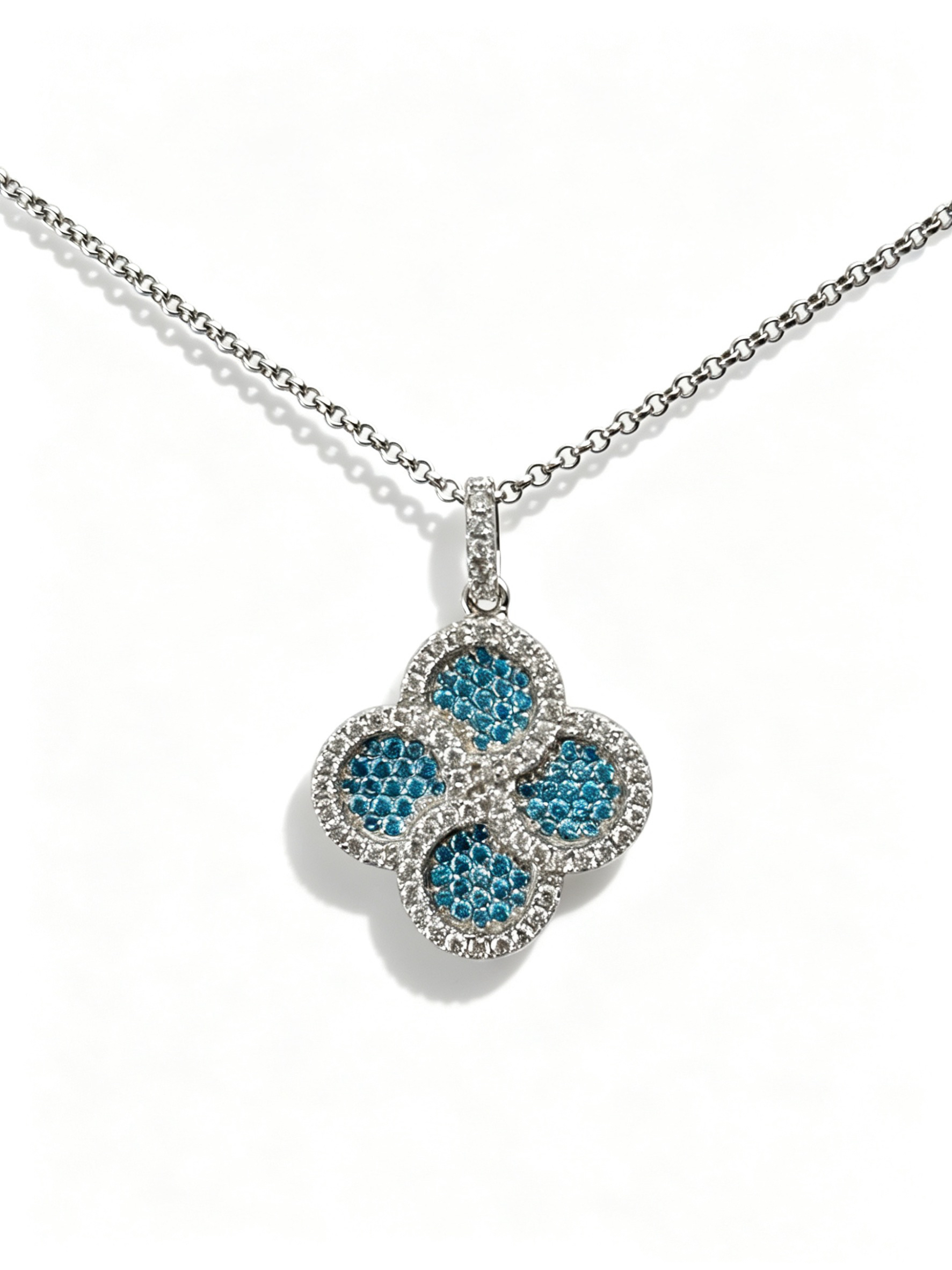 925 Silver CZ Pendant with Aquamarine White AAA CZ Stones Lucky Flower-shaped pendant Jewelry Rhodium Plated for Prosperity Longevity Jewelry