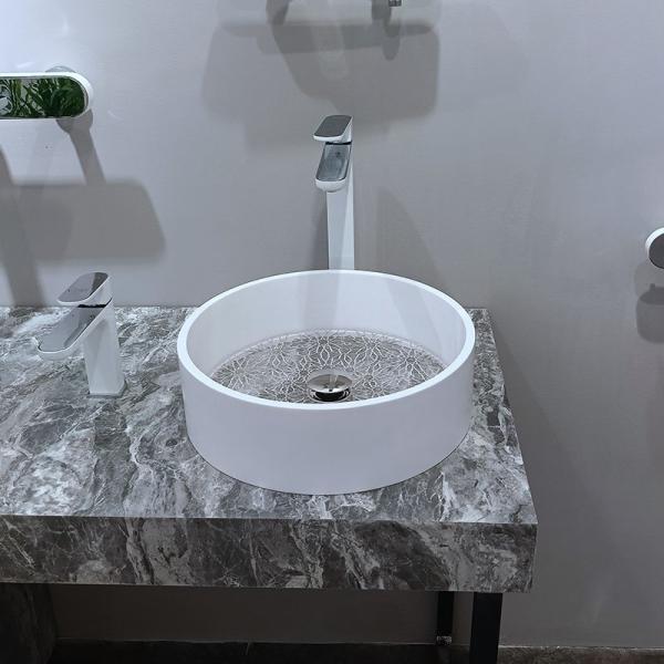 White Marble Edge Clear Glass Bottom Glass Sink Bowl Countertop Sink