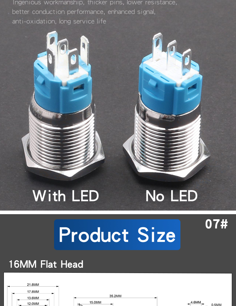 16mm Latching/Momentary Metal Push Button Switch Copper Nickel Plated Shell 1NO1NC With LED Lights 5Pins High/Flat Head