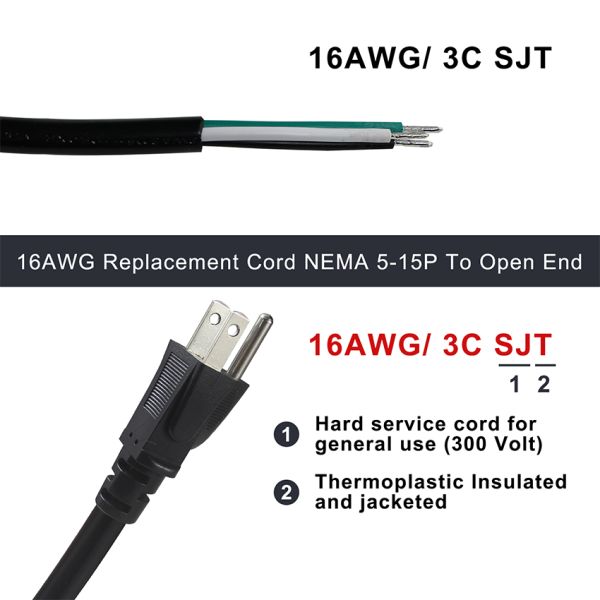 NEMA 5-15P Cordón de alimentación con alambre de barra de lata 3 conductores US cable de enchufe para cableado DIY, panel, uso de bloques terminales
