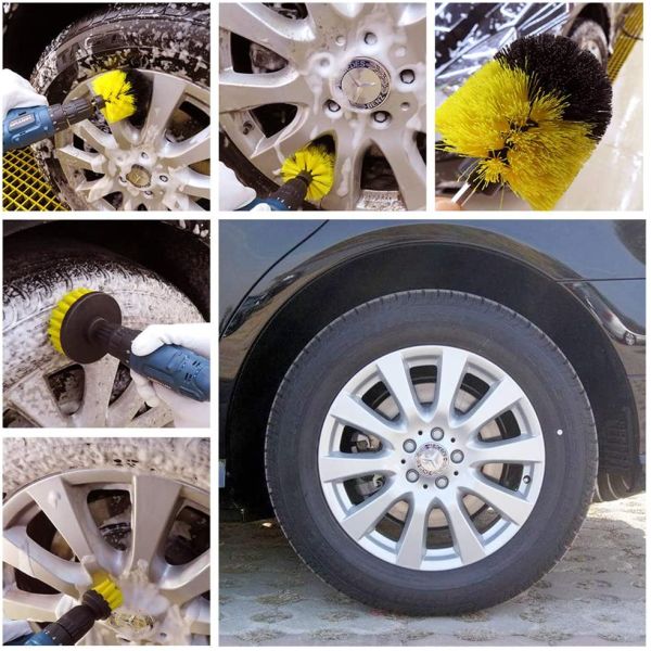 Wheel Wash 10cm Tire Drill Brush 3 Piece Kit APLUS 360 Degree Cleaning Angle
