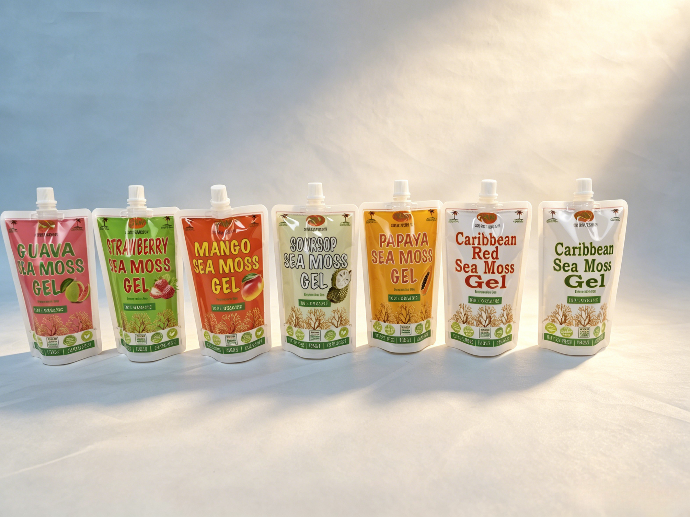 Custom Printed Stand Up Spout Pouch For Sea Moss Gel | Food Grade Leakproof Flexible Squeeze Pouch For Fruit Flavored Sea Moss Gel & Nutritional Gel Packaging