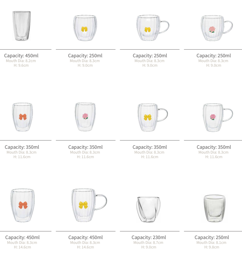 Double Wall Glass Cup with 250ml 350ml 450ml Capacity High Borosilicate Glass for Hot and Cold Beverages