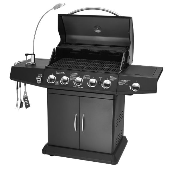 5 Burners And Side Burner Gas BBQ Grill With Gast Iron Hotplate And Enamel Hoods