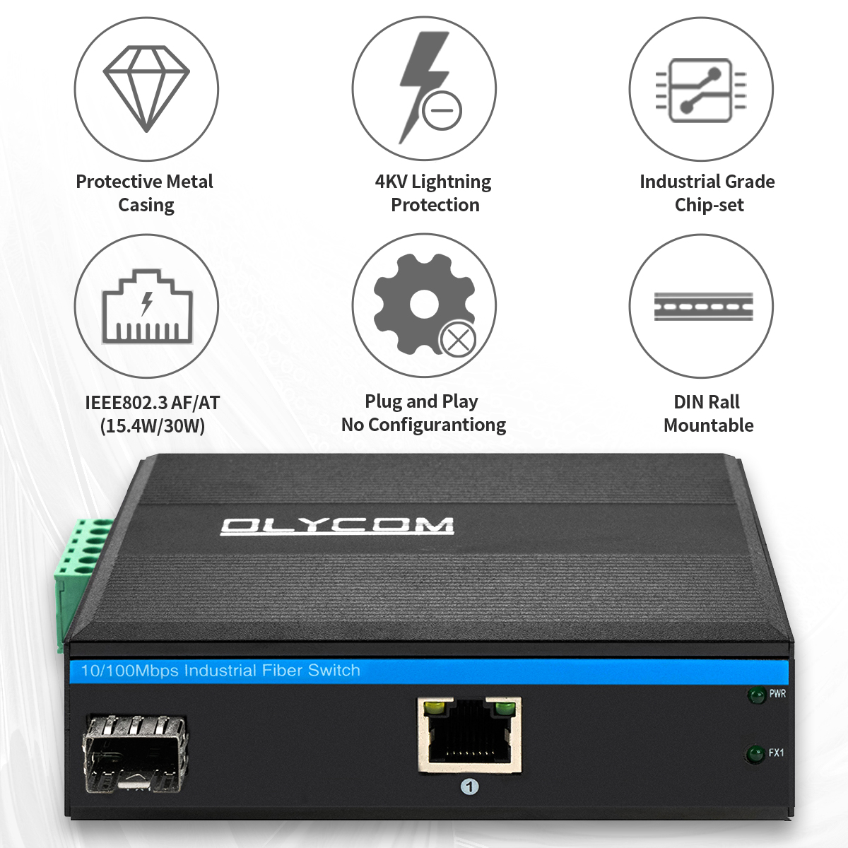 Промышленный преобразователь PoE Media 10/100M Fast Ethernet 15.4W/30W SFP Fiber для IP-камер
