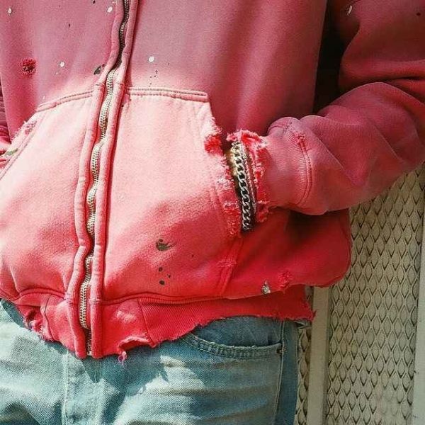 Acid Wash Zip Up Hoodie Mens Women'S 500gsm Blank Pink Acid Wash Vintage Ripped Hole Distressed