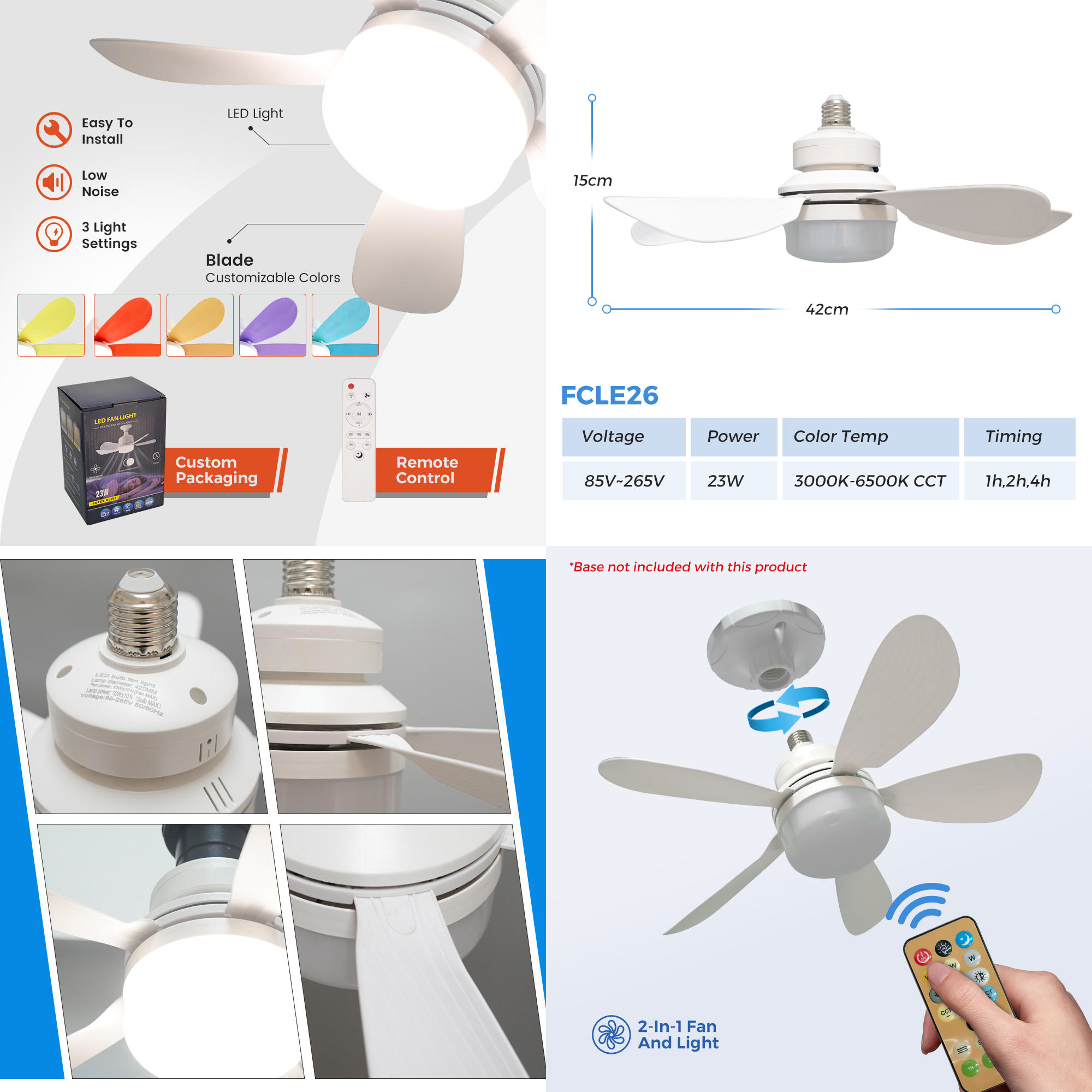 Fabricante de 16 pulgadas de luz de ventilador de techo LED control remoto E27 ventilador lámpara de ventilador de techo