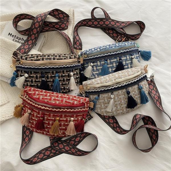 Tassel Decor Adjustable Strap Waist Bags Plaid Pattern Waterproof Cycling Bum Bag OEM