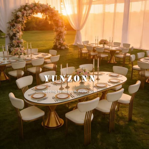 Luxurious New Arrival Modern Gold Stainless Steel Legs Oval Outdoor Dining Wedding Table with Tempered Glass Top Hotel Furniture