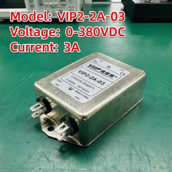 VIP2-2A-10 DC EMI Filter with 250VDC Rated Voltage, 50dB Min Insertion Loss, and 0.5mA Max Leakage Current