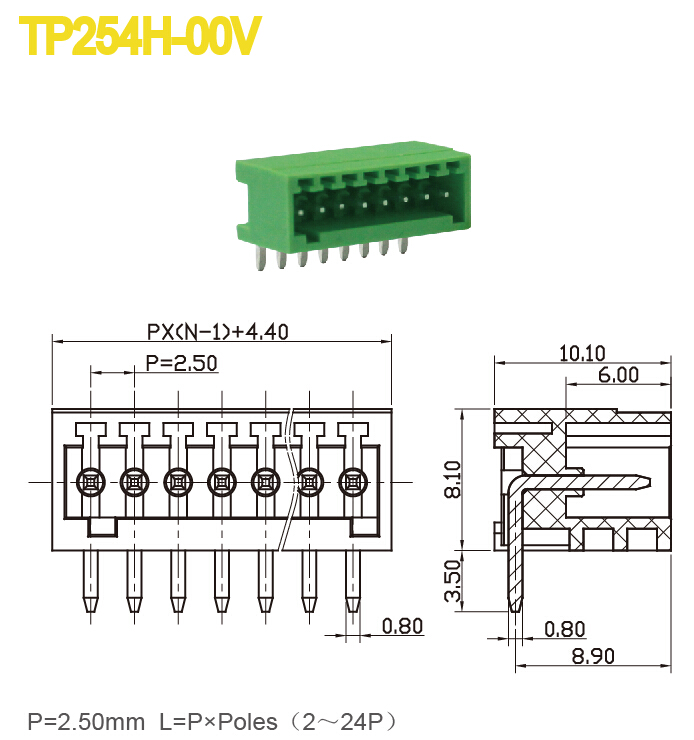 Пластичное разъём-вилка PA66 затыкает внутри PCB 2P-24P терминального блока 2.50mm Screwless