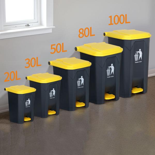Factory Hot Sale Plastic Waste Pedal Bin 30L 40L 50L  80L 100L Black Trash Can Outdoor Plastic Waste Bin