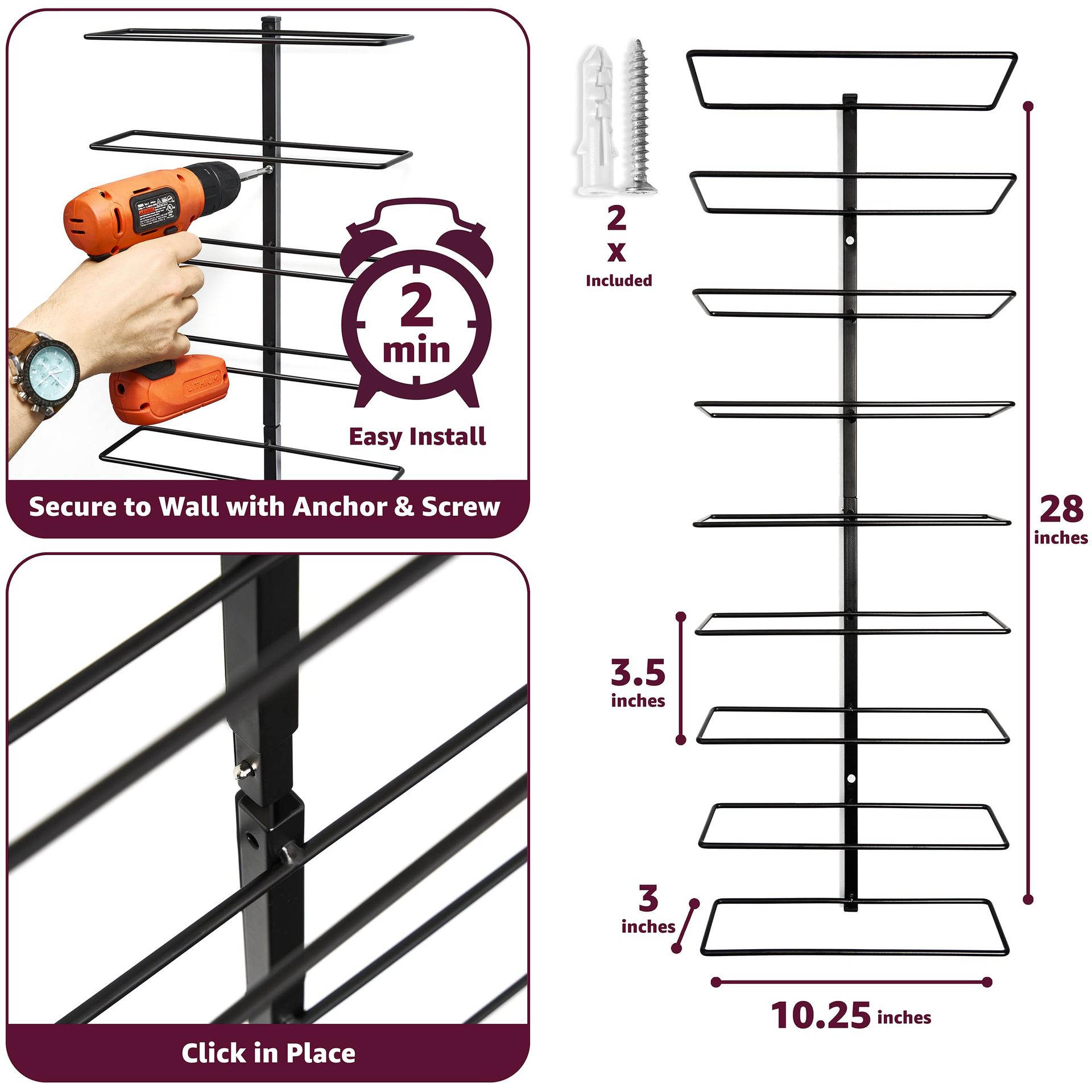 Wall-mounted Wine Rack (holds 9 Bottles) Black Metal Wine Bottle Rack Kitchen Storage
