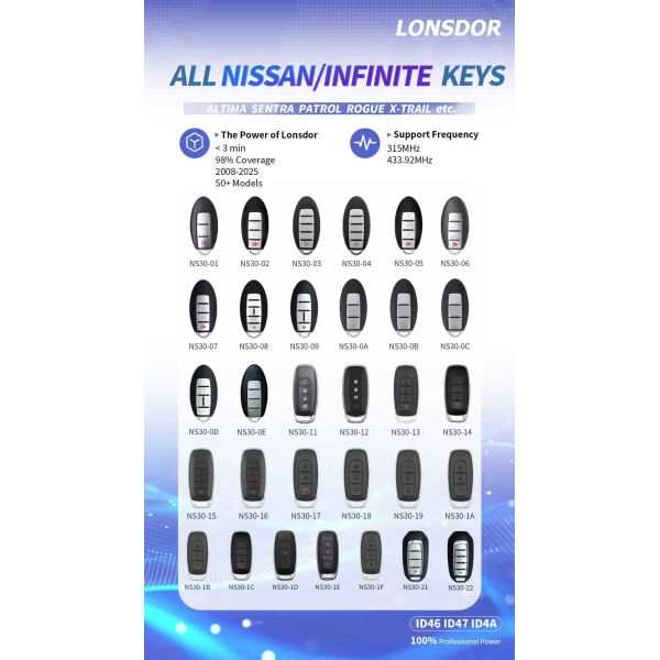 Lonsdor Universal Smart Key NS30-01 Nissan/Infinite Smart Key for 2008-2025 Models 315MHz 433Mhz Supports ID46 ID47 ID4A Types