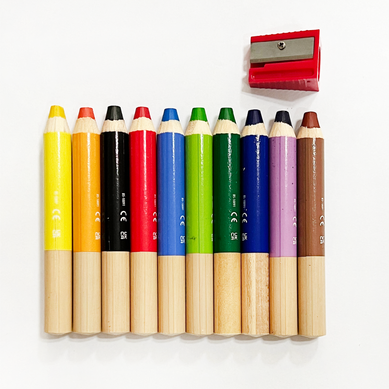 3 In 1 Jumbo Eco Friendly 10PCS Wooden Children Coloring Pencil Water Soluble Wax Crayon With Sharpener