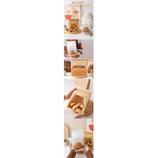 Custom Size and Logo Bakery Paper Packaging Bag Bread Loaf Bagel Toast Brown Bakery Bread Paper Bags Kraft Paper Window Bag