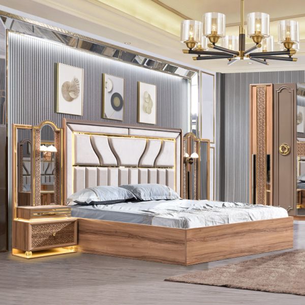 Turkish Luxury Style Wooden Frame King Size Bed Set Led Headboard Modern Classic Full Home Wood Bedroom Sets Furniture