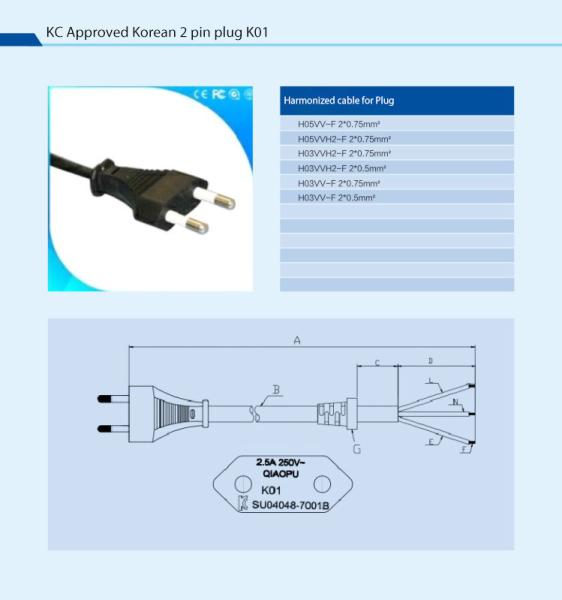 Korean Standard KC Approved K01 2 Pin Plug Electric Supply extension ac power cords Strip Type For Home Appliance