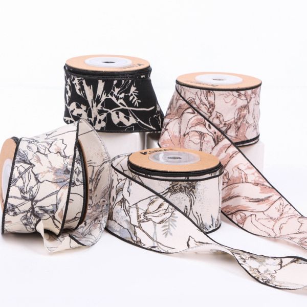 Ink wash mountain and river printing ribbon hair accessory material gift flower packaging straw hat super fairy ribbon bow ribbon