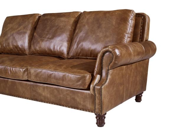 American Retro Vintage Three Seater Leather Sofa Solid Wood Frame With Rolled Arms