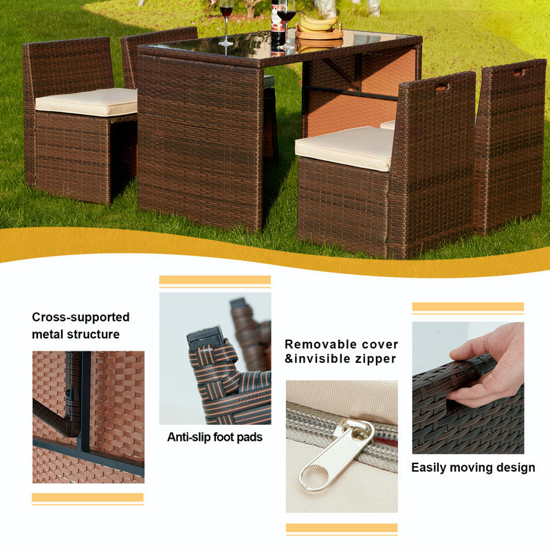 Commercial Outdoor Dining Set with Powder-Coated Aluminum Frame Handwoven PE Rattan and Tempered Glass Tabletop
