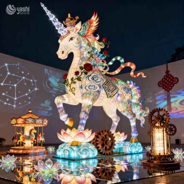Custom Large Unicorn Lantern, Outdoor LED Fantasy Unicorn Light Sculpture for Theme Park & Festival Events