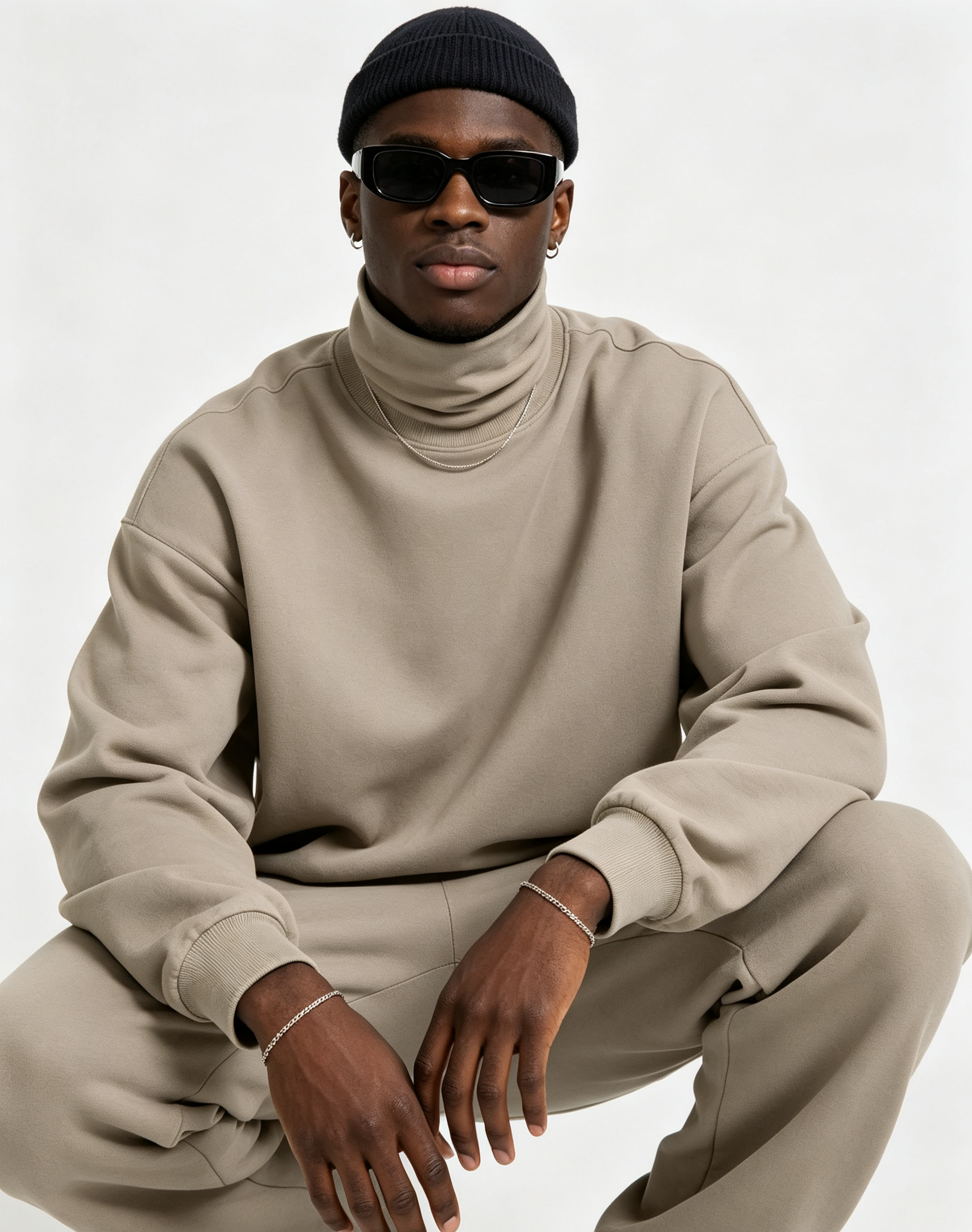 305GSM Turtleneck Long Sleeve Shirt Oversized Drop Shoulder Brushed Long Sleeve Tee Double-Sided Fabric