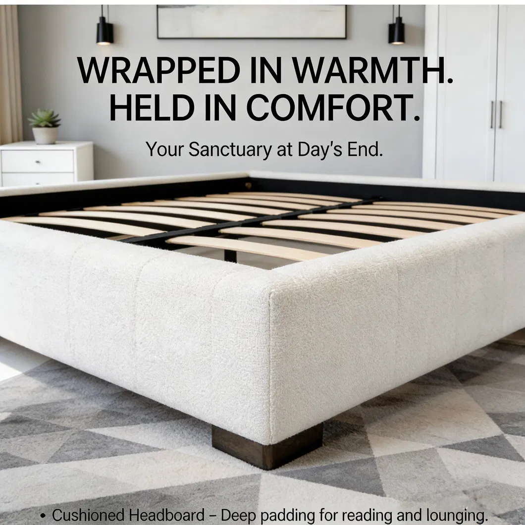 Queen Size Cream White Velvet Upholstered Platform Bed Model