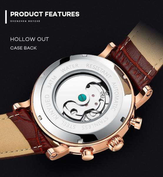 KINYUED J017-4  Gold Case Black Dial Leather Strap Complete Calendar Skeleton Waterproof Wristwatches montre homme