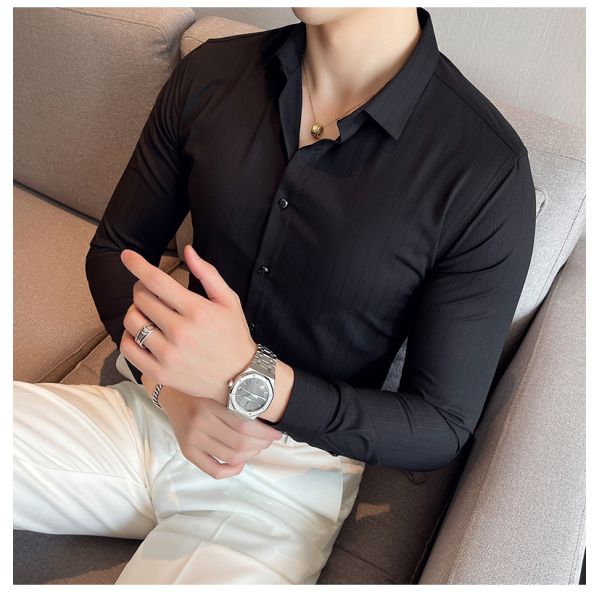 Неформальные рубашки Поднимающийся воротник Осенняя ткань Поло Пахта Длинные рукава Мужская стройная рубашка