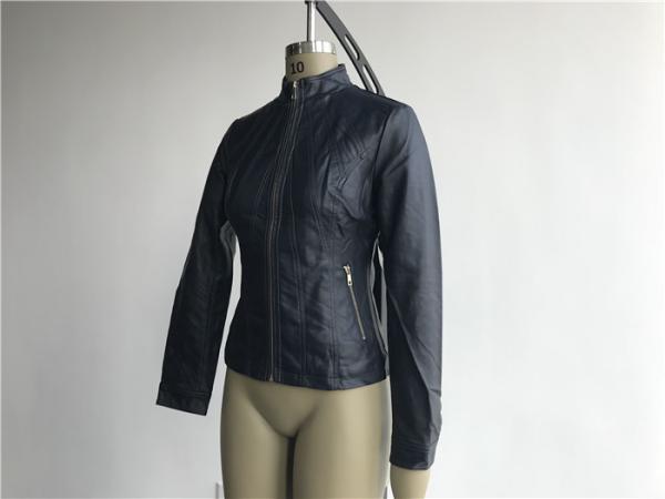 Soft Gold Navy Pleather Jacket Funnel Collar For Ladies Tw76613