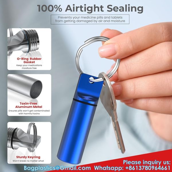 Aluminum Metal Pill Box Case Organizer With Keychain - Outdoor Medicine Bottle Key Ring Small First Aid Drug Holder
