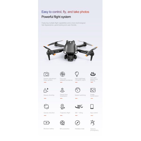 2024 D3 Air Drone LED Light 360-degree Tumbling Headless Mode Optical Flow Positioning Foldable RC Drone for Beginners