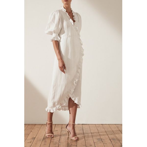 Linen Puff Sleeve Wrap Midi Elegant Dress Cotton Ladies