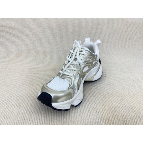 Lacing PU Gold Leather Sneakers With Script Mesh Upper Women Sneakers