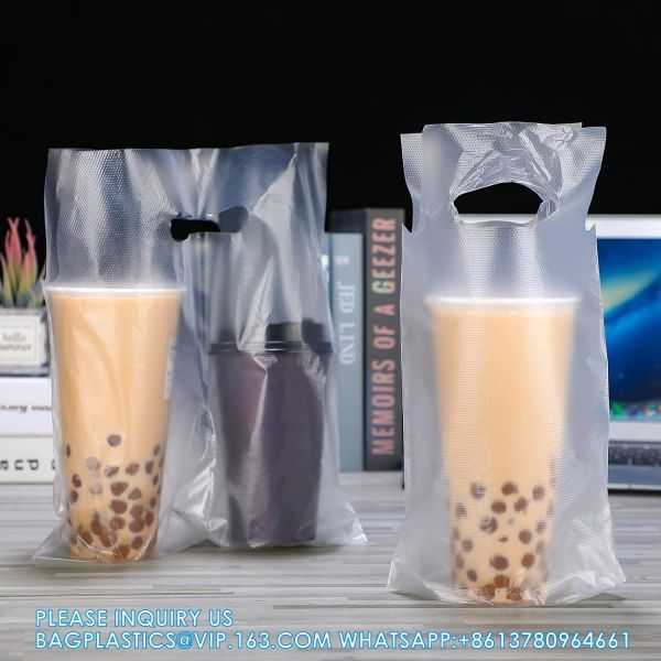 Drinking Handle Bags Cup Carrier With Handle Clear Plastic Packaging Bags For Delivery Hanging Hole Drink Bags