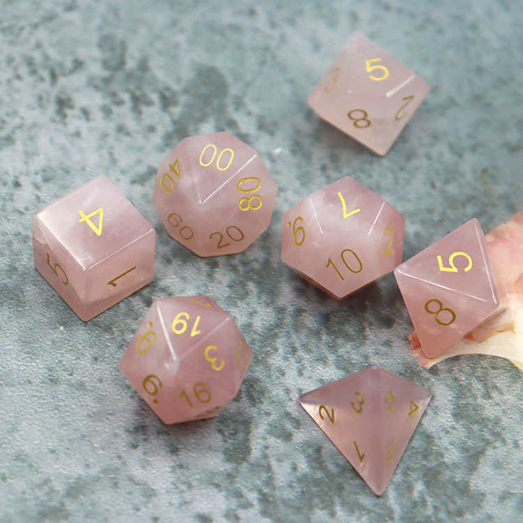 Natural Cat's Eye Stone Polyhedral Dice Set Hand Carved with Golden Paint Engraved Numbers for DND and RPG Games