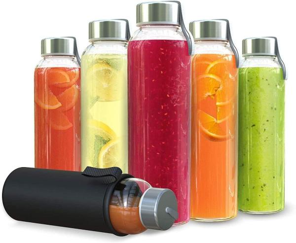 Clear Glass Water Bottles, Reusable Glass Juicing Bottles Protection Sleeve and Stainless Steel Leak Proof Lids