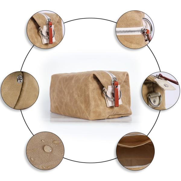 Brown Waterproof Cosmetic Bag Waxed Canvas Material 9 . 5 * 4 * 4 . 5CM