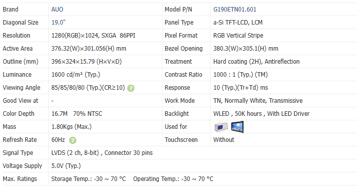 19Inch High Nit Monitor 1280×1024 SXGA 1600cd/M2 Lcd Panel G190ETN01.601